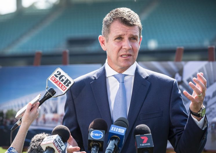 NSW Premier Mike Baird gives a press conference on the upgrade of Parramatta Stadium.