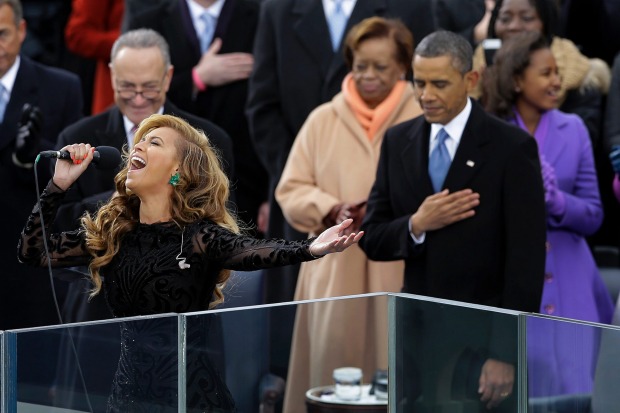 Beyonce sings the US national anthem at Barack Obama's inauguration in Washington in 2013.