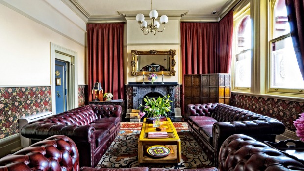 Guests at the Old Bank Boutique Hotel can relax in the dramatic lounge  and library that dominate the front of the building.