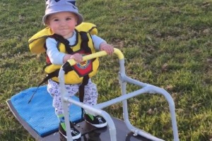 Little Parks gets ready to ride on his specially adapted wakeboard.