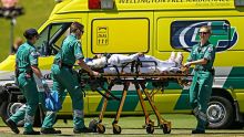 WELLINGTON, NEW ZEALAND - JANUARY 16:  Mushfiqur Rahim of Bangladesh is stretchered into an ambulance after being struck ...
