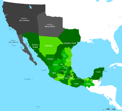 Map of Mexico in 1824 with its 19 states and 5 territories.