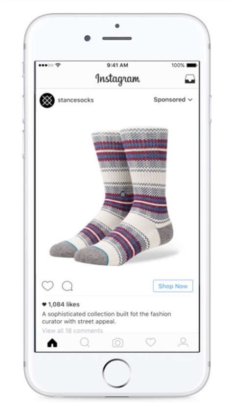 Ukázka Facebook reklamy z prezentace společnosti Stance Socks na mobilním zařízení