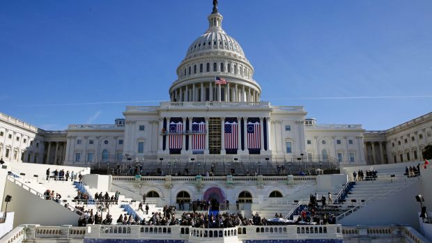 The US Capitol frames the backdrop over the stage during a rehearsal of President-elect Donald Trump's swearing-in ...