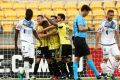 Shane Smeltz, Roly Bonevacia, Alex Rodriguez and Tom Doyle of the Phoenix celebrate.