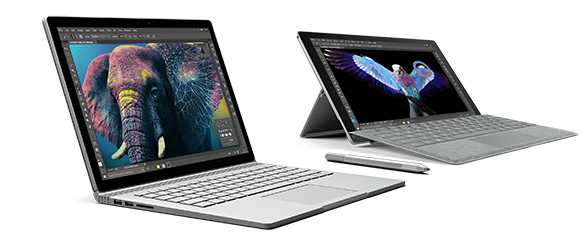 Surface Pro 4 with Signature Type Cover, Surface Book, and Surface Pen.