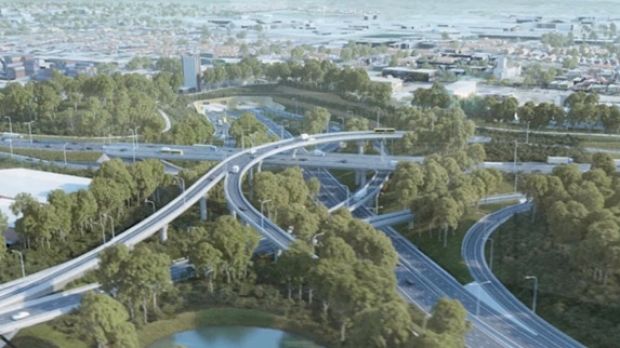Stills from the WestConnex imagery showing the St Peters interchange.