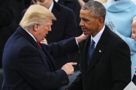 President Donald Trump points at Former President Barack Obama after his speech during the 58th Presidential Inauguration.