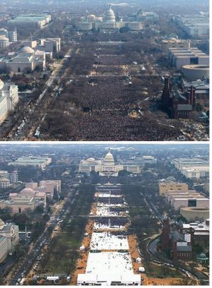 National Mall at the inaugurations of President Barack Obama, above, and President Donald Trump, below.