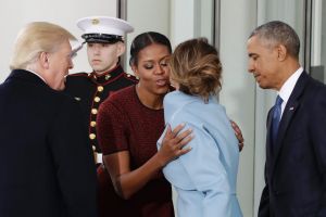 First lady Michelle Obama, flanked by President Barack Obama and President-elect Donald Trump, greets Melania Trump at ...