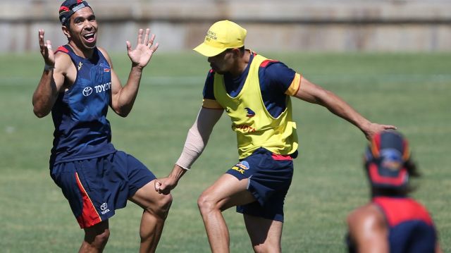 Re-contracted Crow Eddie Betts has a laugh with teammate Charlie Cameron. 