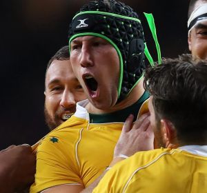 Hobart-born second-rower Adam Coleman (with headgear) is the flagbearer for Tasmania in the Wallabies.