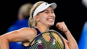 Australia's Daria Gavrilova celebrates after defeating Switzerland's Timea Bacsinszky in their third round match at the ...