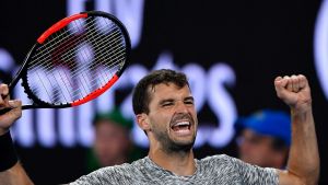 Cancel the alarm ... Bulgaria's Grigor Dimitrov celebrates after defeating France's Richard Gasquet during their third ...