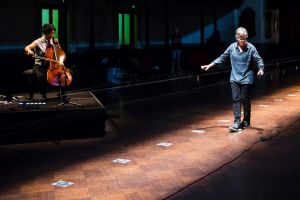 Ellen Fullman and Theresa Wong prepare in a deserted Town Hall.