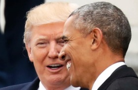 President Donald Trump and former President Barack Obama talk, as they pause on the steps of the East Front of the U.S. ...