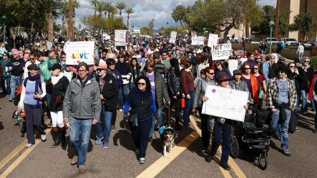 Hundreds of thousands of demonstrators march in support of the Women's March on Washington on Saturday.