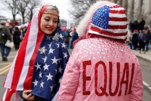 Gizelle Begler and Mira Veikley pose for a photograph at the Women's March.