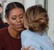 First lady Michelle Obama, flanked by President Barack Obama and President-elect Donald Trump, greets Melania Trump at ...