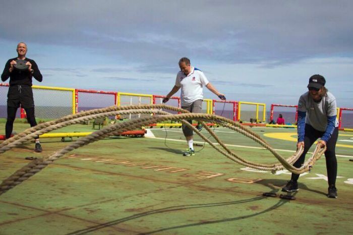 Scientists on Akademik Treshnikov exercise on deck