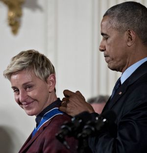 Ellen DeGeneres receives the Presidential Medal of Freedom from Barack Obama on November 22, 2016.