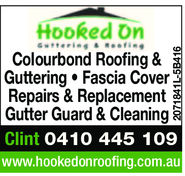 Hooked onGuttering finsCOColourbond Roofing &Guttering Fascia CoverRepairs & ReplacementGutter Guard & CleaningClint 0410 445 109www.hookedonroofing.com.au