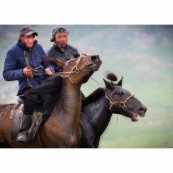 Kazakhs racing horses at a wedding celebration in western Mongolia.