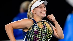 Australia's Daria Gavrilova celebrates after defeating Switzerland's Timea Bacsinszky in their third round match.