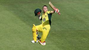 Over the moon: David Warner leaps for joy after another century.