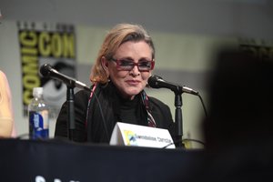 Carrie Fisher speaking at the 2015 San Diego Comic Con International, for "Star Wars: The Force Awakens", at the San Diego Convention Center in San Diego, California