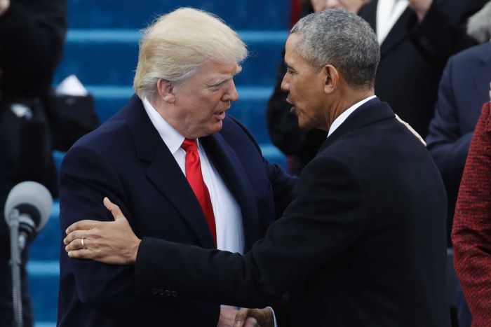 Donald Trump shakes hands with President Barack Obama before the 58th presidential inauguration