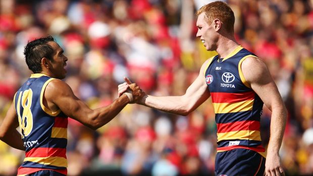 Crowing: Eddie Betts and Tom Lynch celebrate.