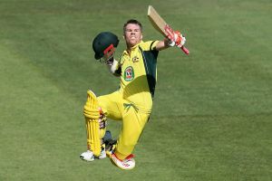 Over the moon: David Warner leaps for joy after another century.