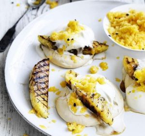 Palm sugar meringue and grilled pineapple with mango-passion fruit granita 