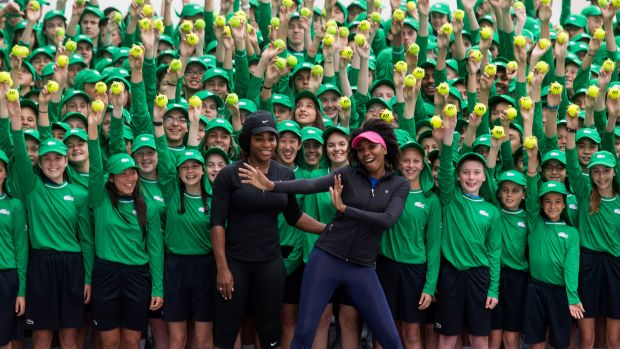 Serena and Venus Williams appeared at Melbourne Park with Australian Open ball kids. Photograph Paul Jeffers The Age NEWS 10 Jan 2017