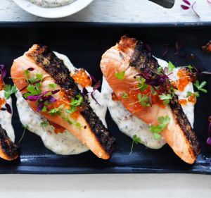 Adam Liaw's Barbecued one-sided salmon with dill and roe cold sauce.