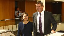 SYDNEY, AUSTRALIA - JANUARY 23:  NSW Premier Mike Baird and Gladys Berejiklian arrive to the Liberal Party meeting to ...