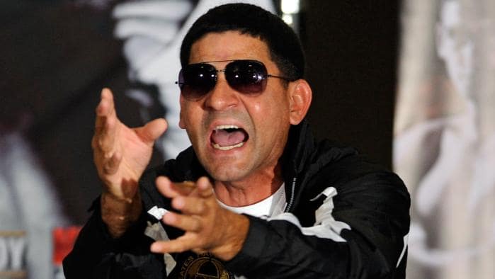 LAS VEGAS, NV - JULY 12: Boxer Danny Garcia's father and trainer Angel Garcia gestures during the final news conference at the Mandalay Bay Resort & Casino on July 12, 2012 in Las Vegas, Nevada. Garcia will take on Amir Khah for the WBC super lightweight world championship on July 14 in Las Vegas. (Photo by David Becker/Getty Images)