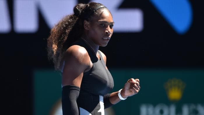 Serena Williams of the US reacts after a point against Nicole Gibbs of the US during their women's singles third round match on day six of the Australian Open tennis tournament in Melbourne on January 21, 2017. / AFP PHOTO / PETER PARKS / IMAGE RESTRICTED TO EDITORIAL USE - STRICTLY NO COMMERCIAL USE