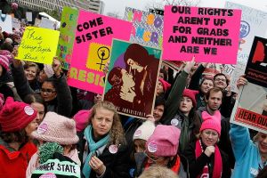 Protestors march during the Women's March On Washington on January 21, 2017 in Washington, DC. 