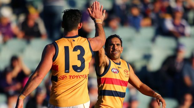 Six-shooter: Eddie Betts celebrates another goal against Fremantle.