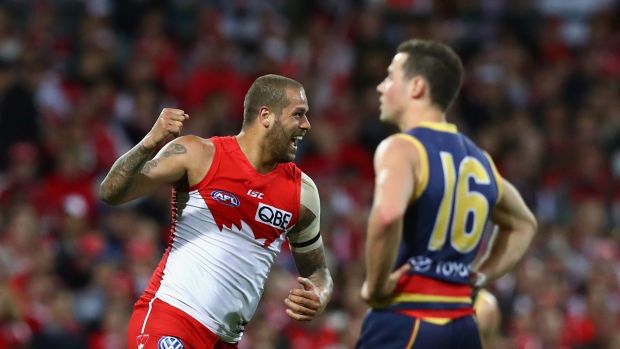 Lance Franklin celebrates one of his goals against the Crows.