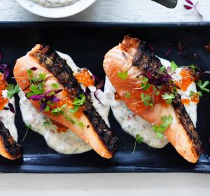 Adam Liaw's Barbecued one-sided salmon with dill and roe cold sauce.