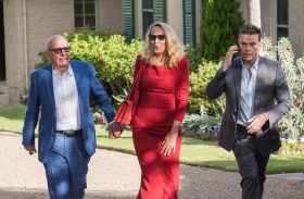 Rupert Murdoch, his wife Jerry Hall and eldest son Lachlan Murdoch leave Kirribilli House after Saturday's summer drinks ...