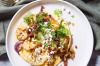 Spiced cauliflower and feta omelette with chorizo and almond dressing. <a ...