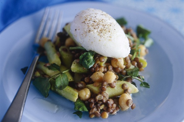 Asparagus and lentil salad with poached egg. <a ...