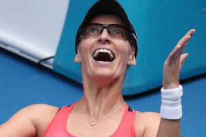 Croatia's Mirjana Lucic-Baroni celebrates her win over Jennifer Brady.