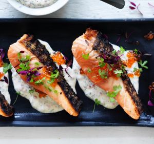 Adam Liaw's Barbecued one-sided salmon with dill and roe cold sauce.