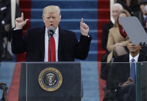 President Donald Trump delivers his inaugural address after being sworn in as the 45th president of the United States during the 58th Presidential Inauguration at the U.S. Capitol in Washington, Friday, Jan. 20, 2017.