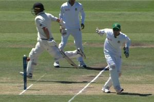 On the hop: Neil Wagner is run out after his bat got caught in the turf.